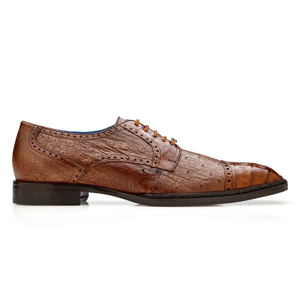 Belvedere Men's Shoes Martino Genuine Caiman Crocodile and Ostrich Quill Blucher Walnut R104