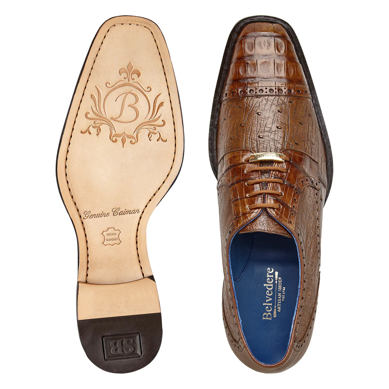 Belvedere Men's Shoes Martino Genuine Caiman Crocodile and Ostrich Quill Blucher Walnut R104