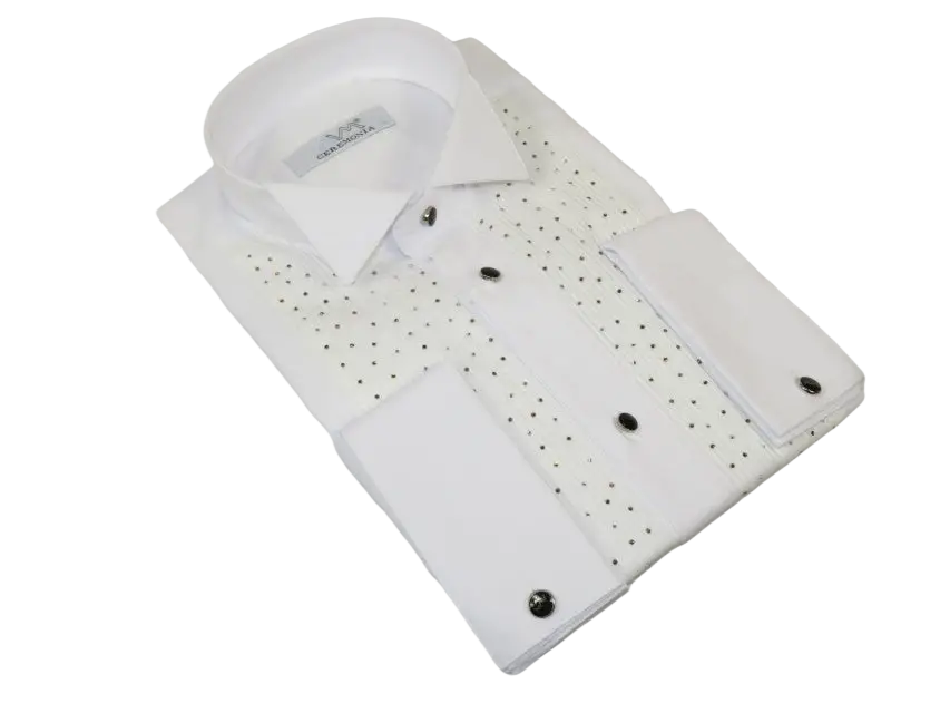 Men CEREMONIA Tuxedo Shirt Rhinestone Cotton Turkey #Milano 13 White Wing Tip