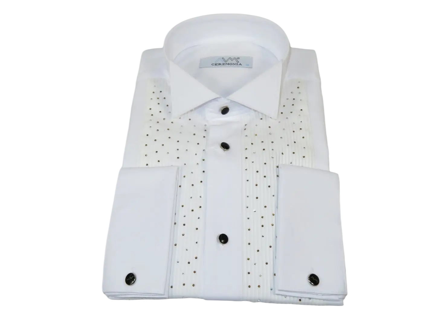 Men CEREMONIA Tuxedo Shirt Rhinestone Cotton Turkey #Milano 13 White Wing Tip