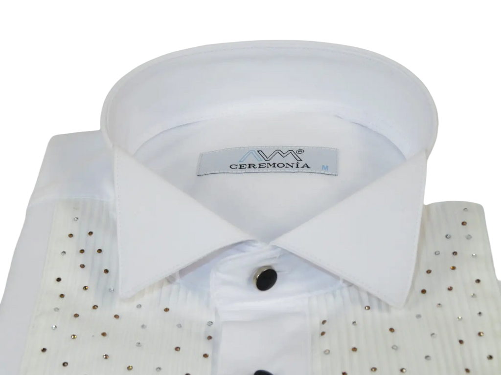 Men CEREMONIA Tuxedo Shirt Rhinestone Cotton Turkey #Milano 13 White Wing Tip