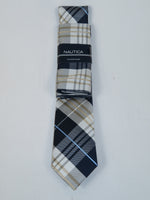 Men's  Nautica Tie and Hankie Set Woven Silky Feel #Nautica-6 Beige Blue