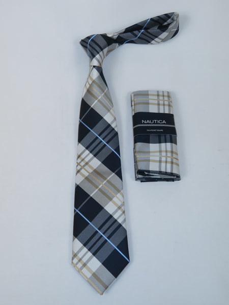 Men's  Nautica Tie and Hankie Set Woven Silky Feel #Nautica-6 Beige Blue