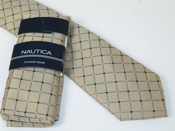 Men's  Nautica Tie and Hankie Set Woven Silky Feel #Nautica-1 Beige