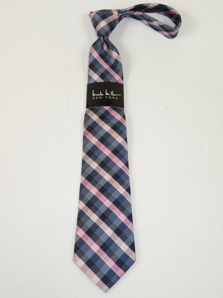 Men's Nicole Miller Tie Classic Woven Silky Feel #Nicole-2 Pink Blue Checker