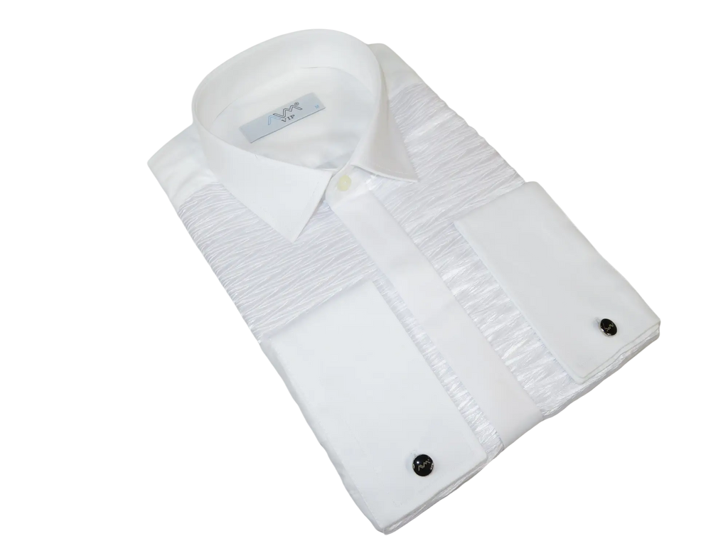 Men CEREMONIA Formal Tux Cotton Shirt Slim Fit Turkey #PLK 13 Crinkled White