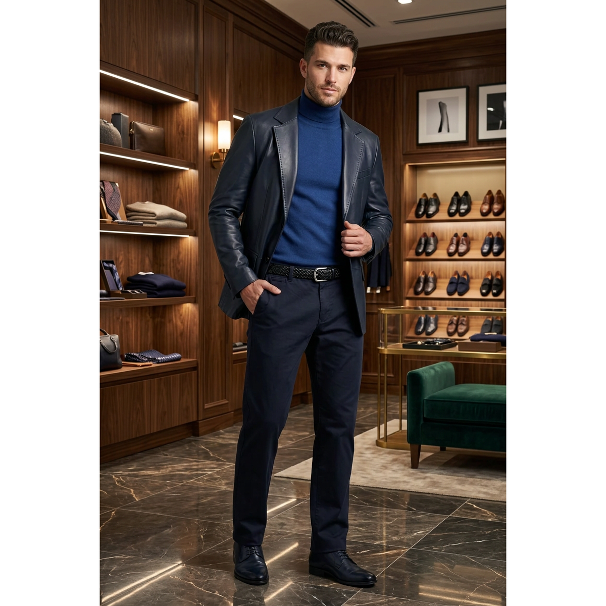 Men's VIA CONDOTTI Fine Lamb Skin Leather Blazer Jacket PUNTO CKT Laci/Navy Blue