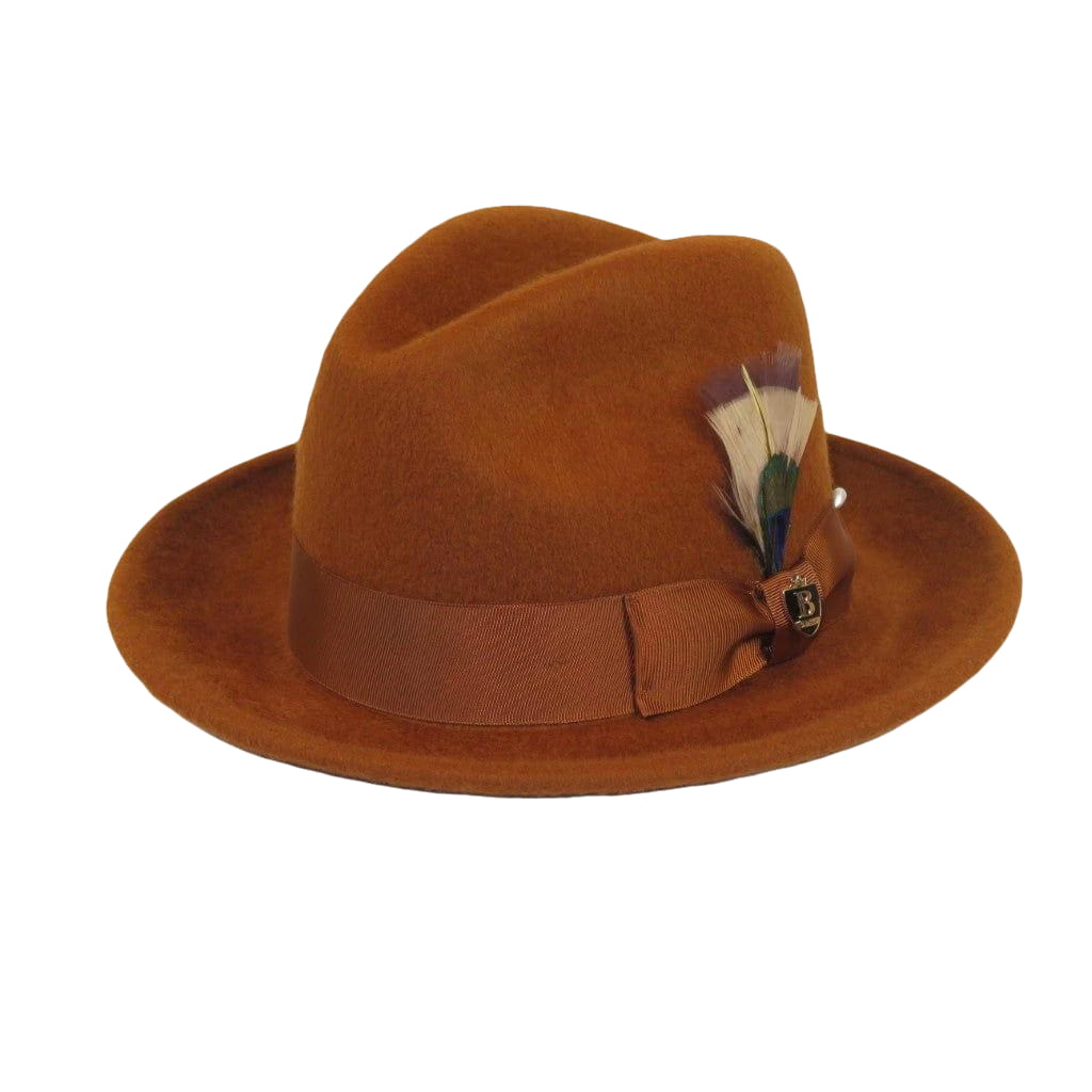 Men Bruno Capelo Hat Australian Wool Rabbit Fur Look Felt Fedora RA762 Cognac