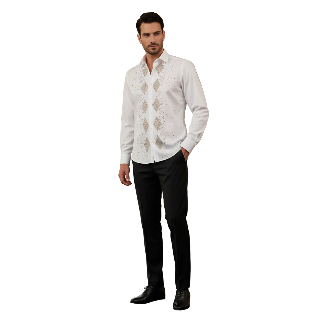 Men CEREMONIA Turkey Shirt 100% Cotton Fancy Rhine Stones #Rio 13 White Slim Fit
