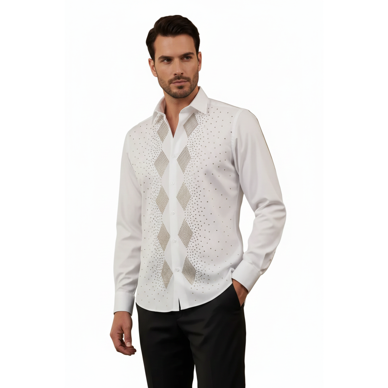 Men CEREMONIA Turkey Shirt 100% Cotton Fancy Rhine Stones #Rio 13 White Slim Fit