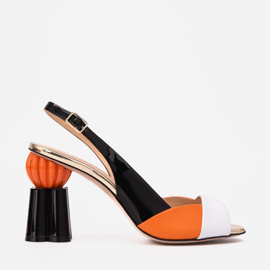 Vinci The Rize Black & Orange Pumpkin Heel Leather Women Sandal