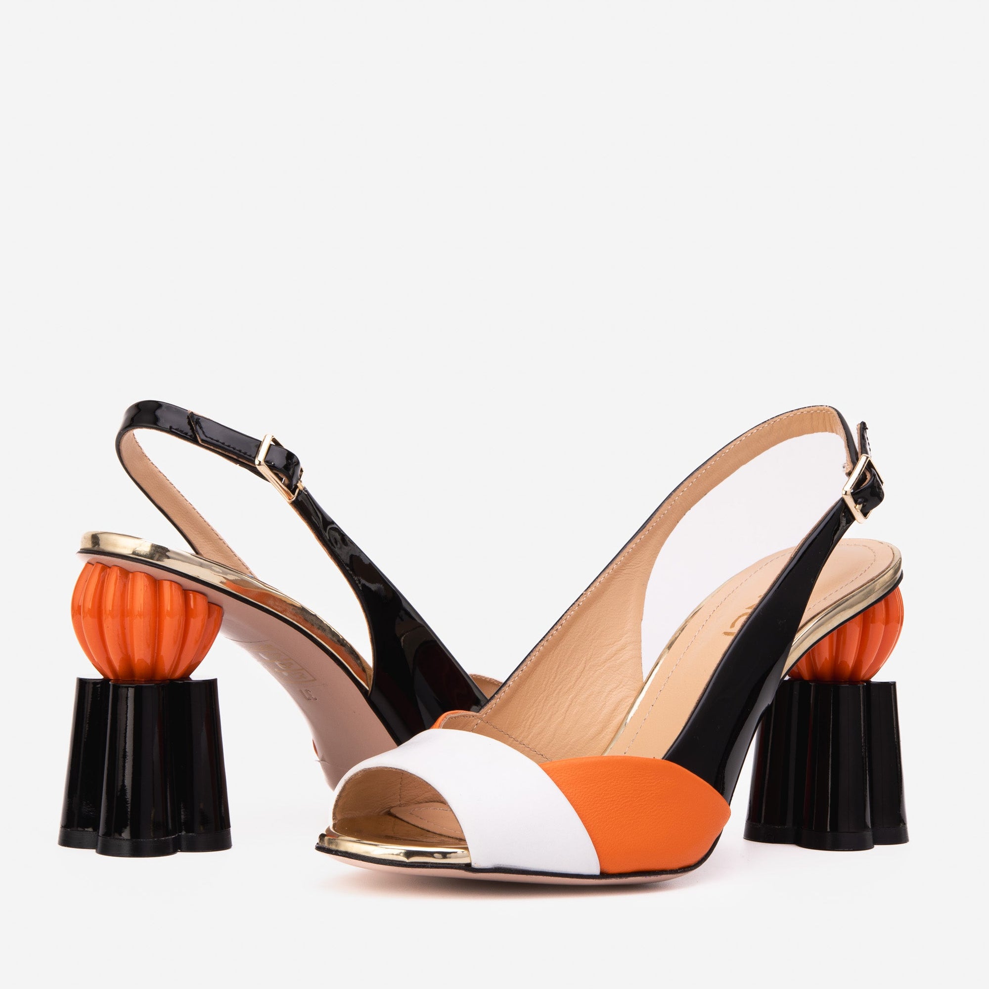 Vinci The Rize Black & Orange Pumpkin Heel Leather Women Sandal