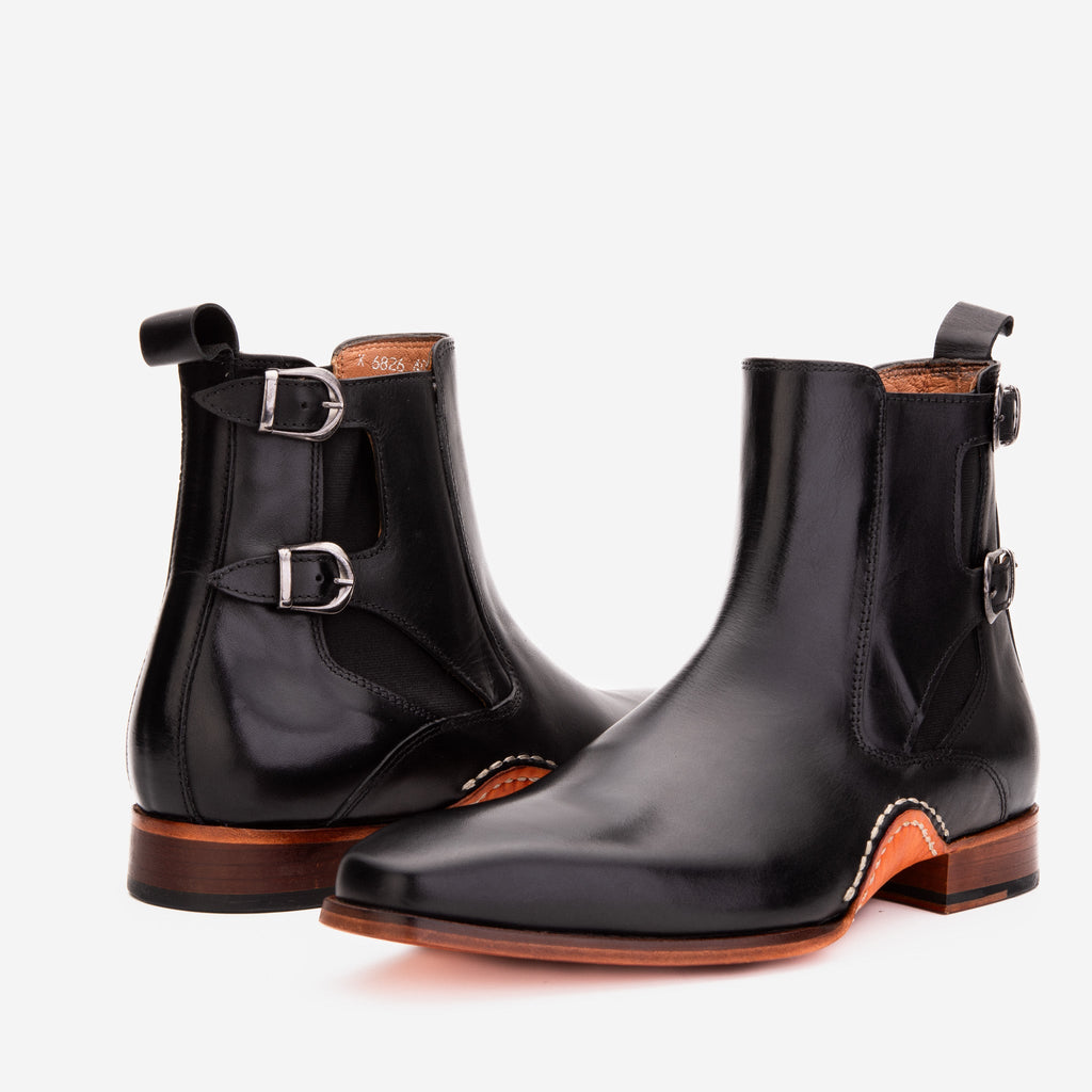 Vinci The Royal Hand Craft Black Leather Double-Buckle Chelsea Men Boot
