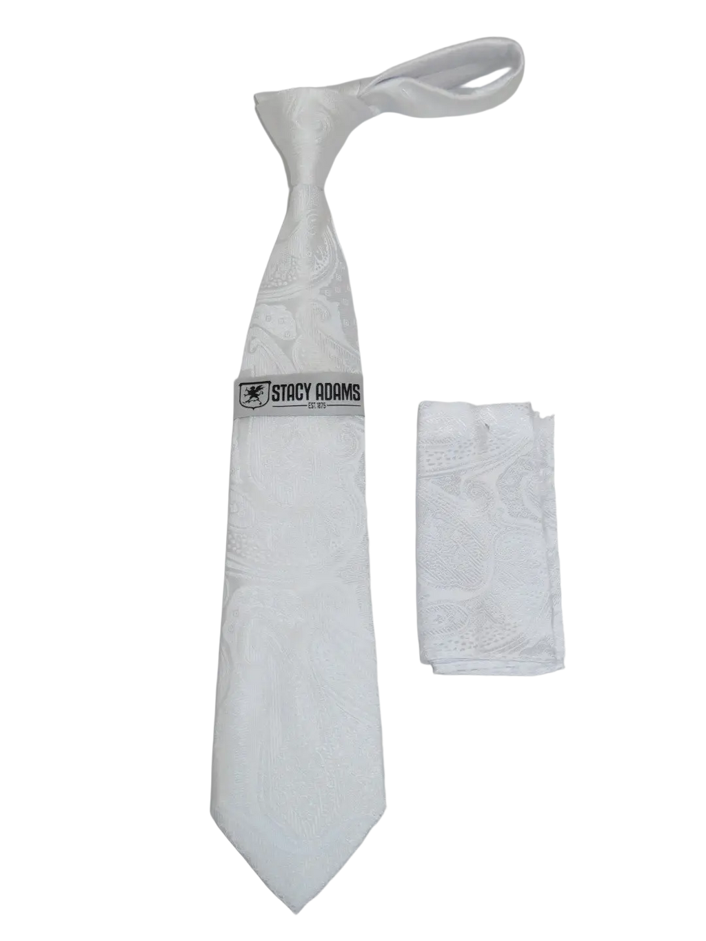 Men's Stacy Adams Tie and Hankie Set Woven Silky Satin #SAT134 White Paisley