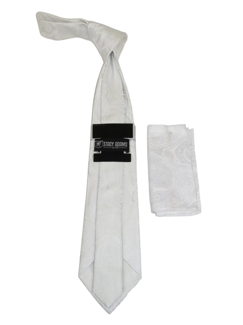 Men's Stacy Adams Tie and Hankie Set Woven Silky Satin #SAT134 White Paisley