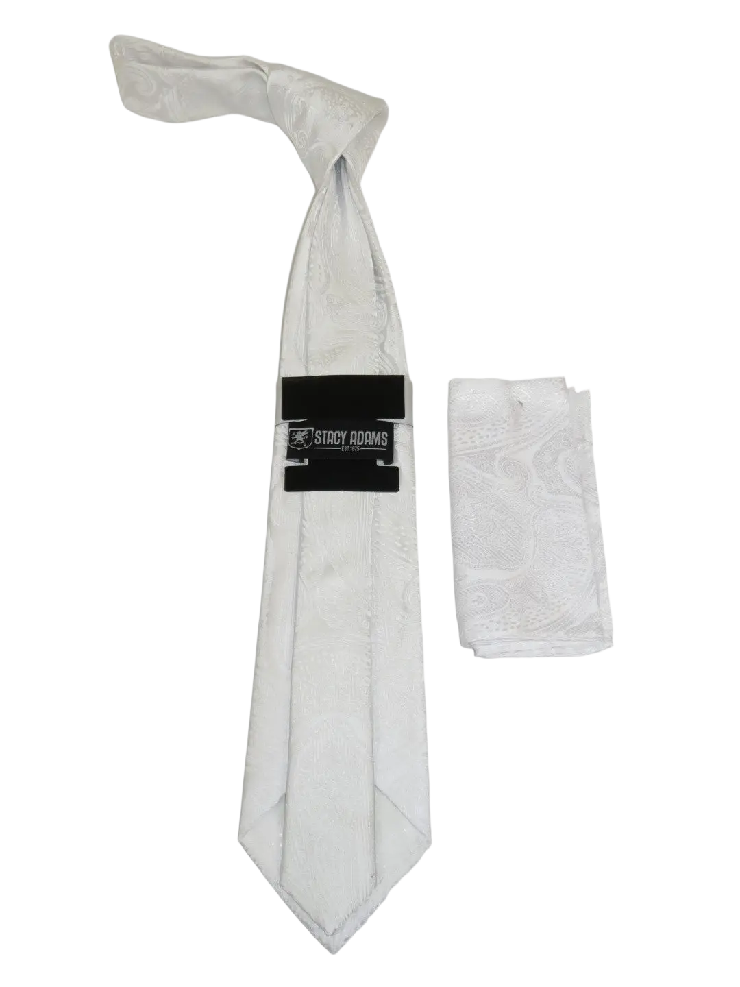 Men's Stacy Adams Tie and Hankie Set Woven Silky Satin #SAT134 White Paisley