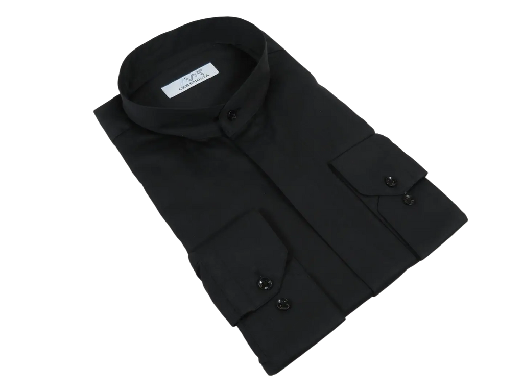 Mens CEREMONIA Pastor Shirt 100% Cotton Turkey Banded Collar #stn 15 hyk black