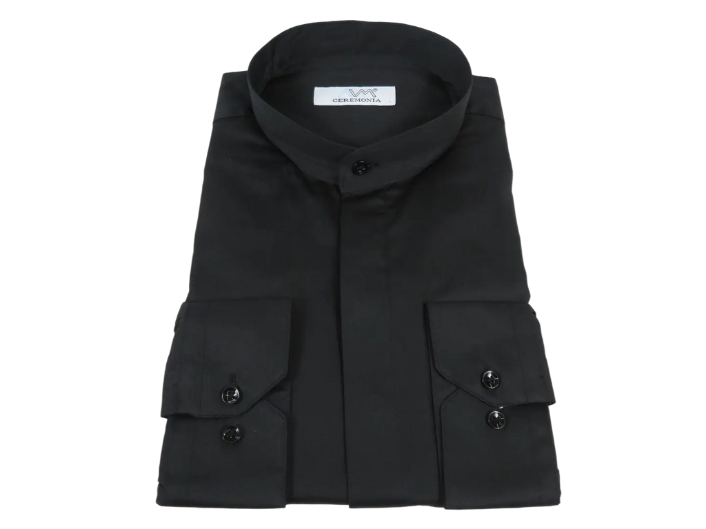 Mens CEREMONIA Pastor Shirt 100% Cotton Turkey Banded Collar #stn 15 hyk black