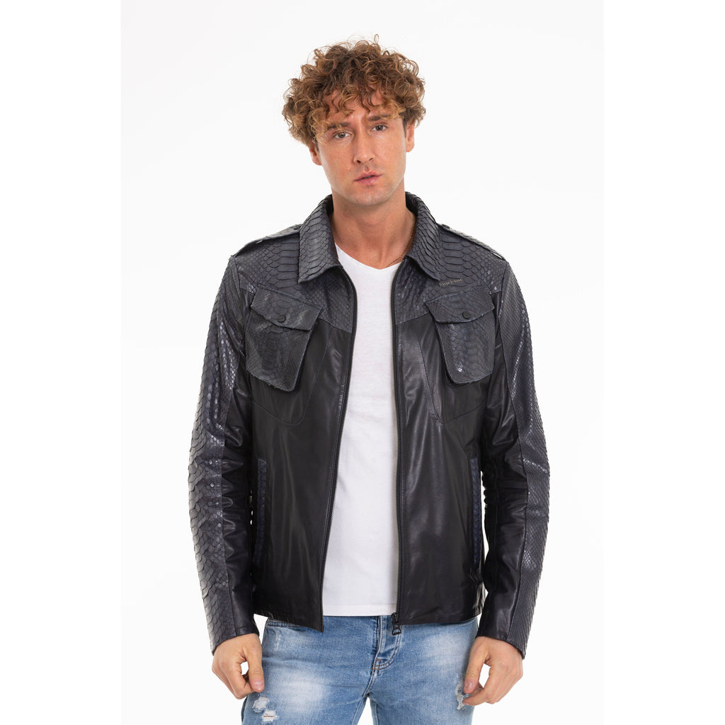 The Agron Snake Navy Blue Leather Men Jacket