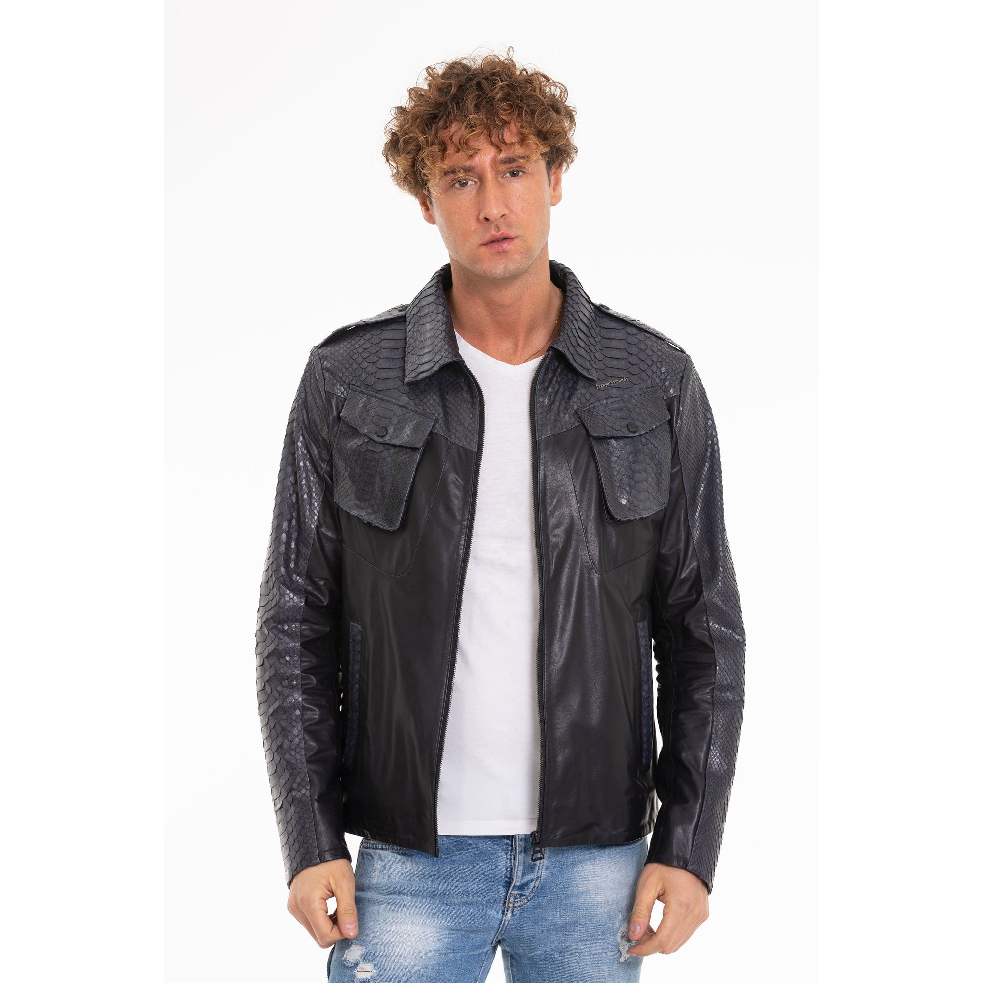 The Agron Snake Navy Blue Leather Men Jacket