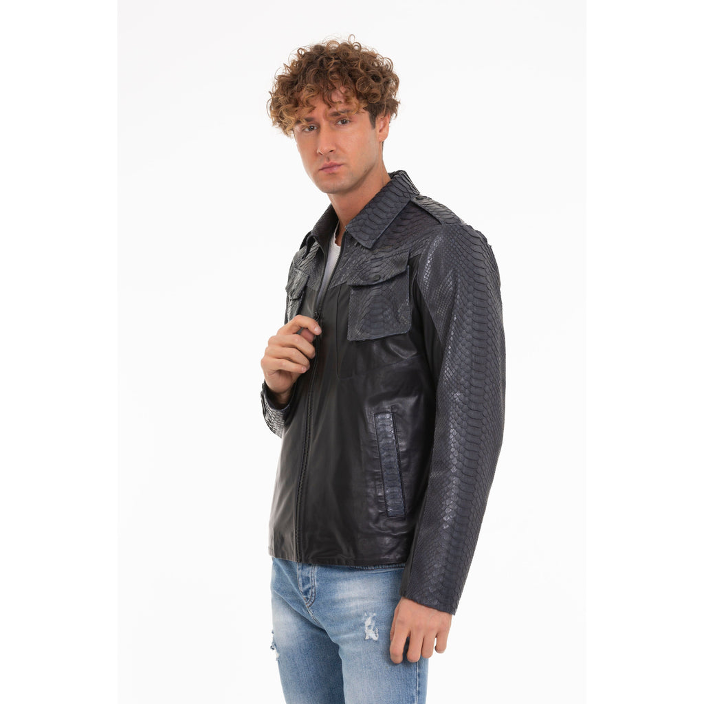 The Agron Snake Navy Blue Leather Men Jacket