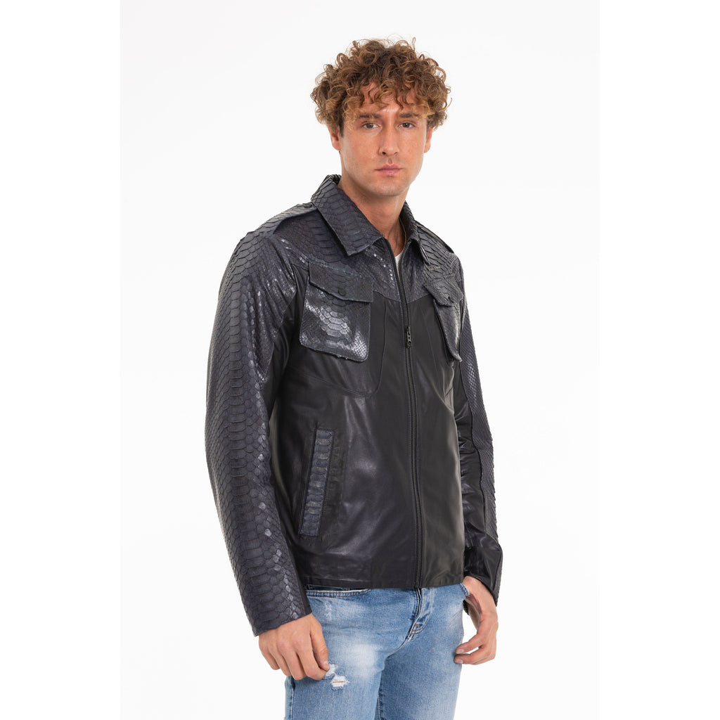 The Agron Snake Navy Blue Leather Men Jacket