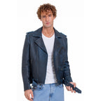 The Shanghai Blue Aged Leather Biker Men Jacket