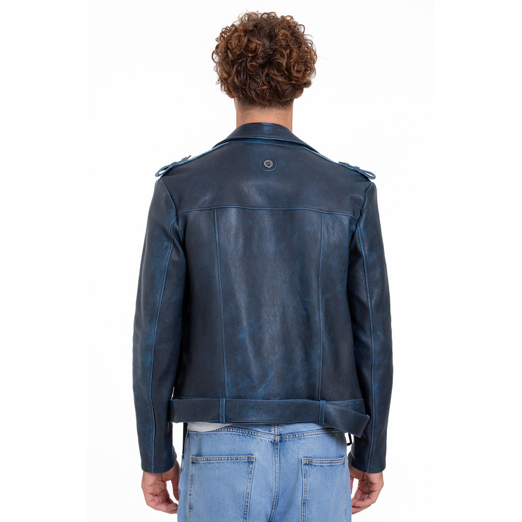 The Shanghai Blue Aged Leather Biker Men Jacket
