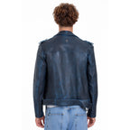 The Shanghai Blue Aged Leather Biker Men Jacket