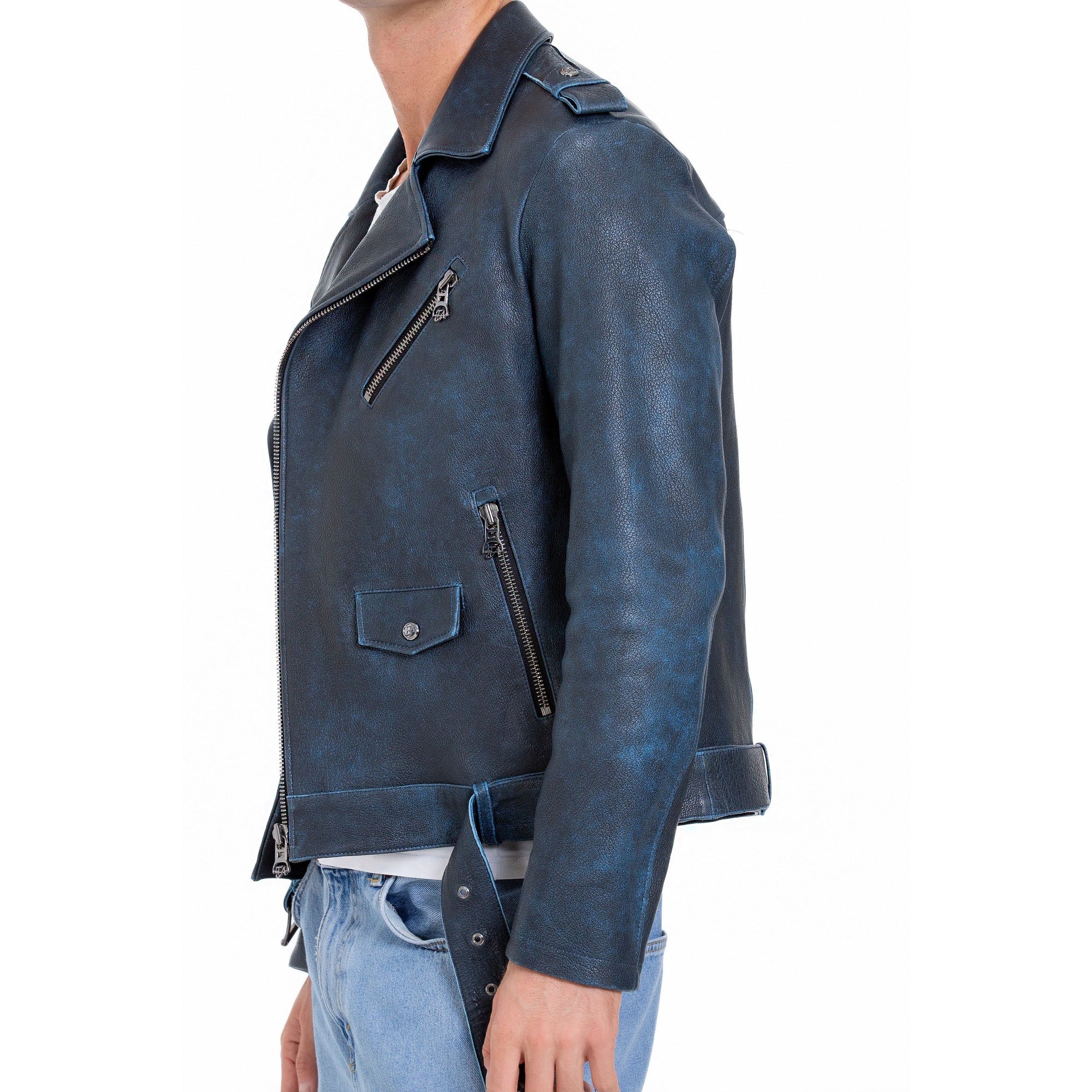 The Shanghai Blue Aged Leather Biker Men Jacket