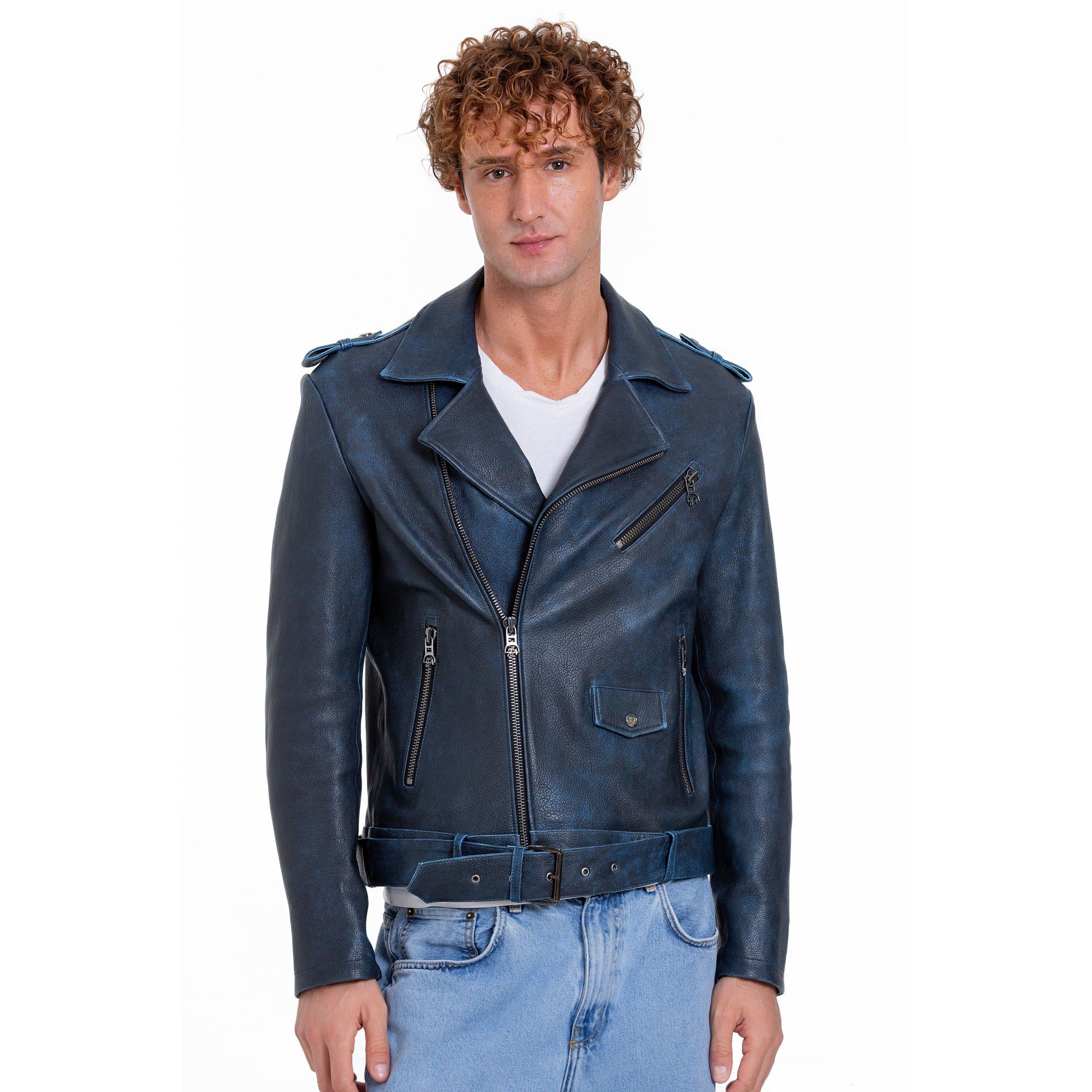 The Shanghai Blue Aged Leather Biker Men Jacket