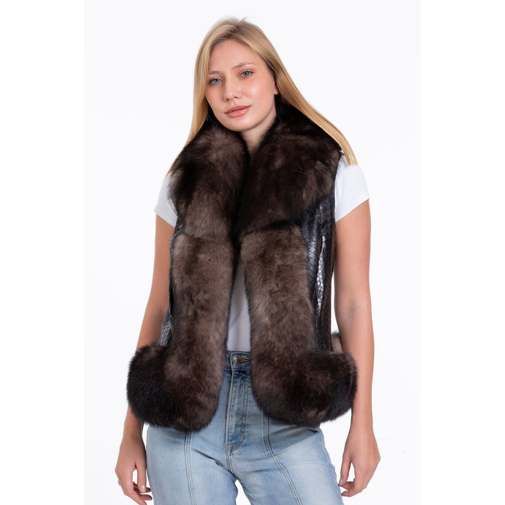 The Fitzroy Pythn Skin Leather Black Pullover Vest with a Pure Fox Fur Women Jacket