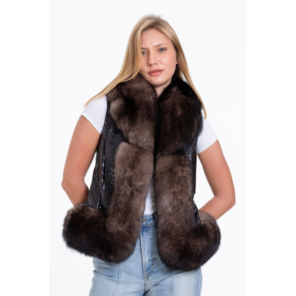 The Fitzroy Pythn Skin Leather Black Pullover Vest with a Pure Fox Fur Women Jacket