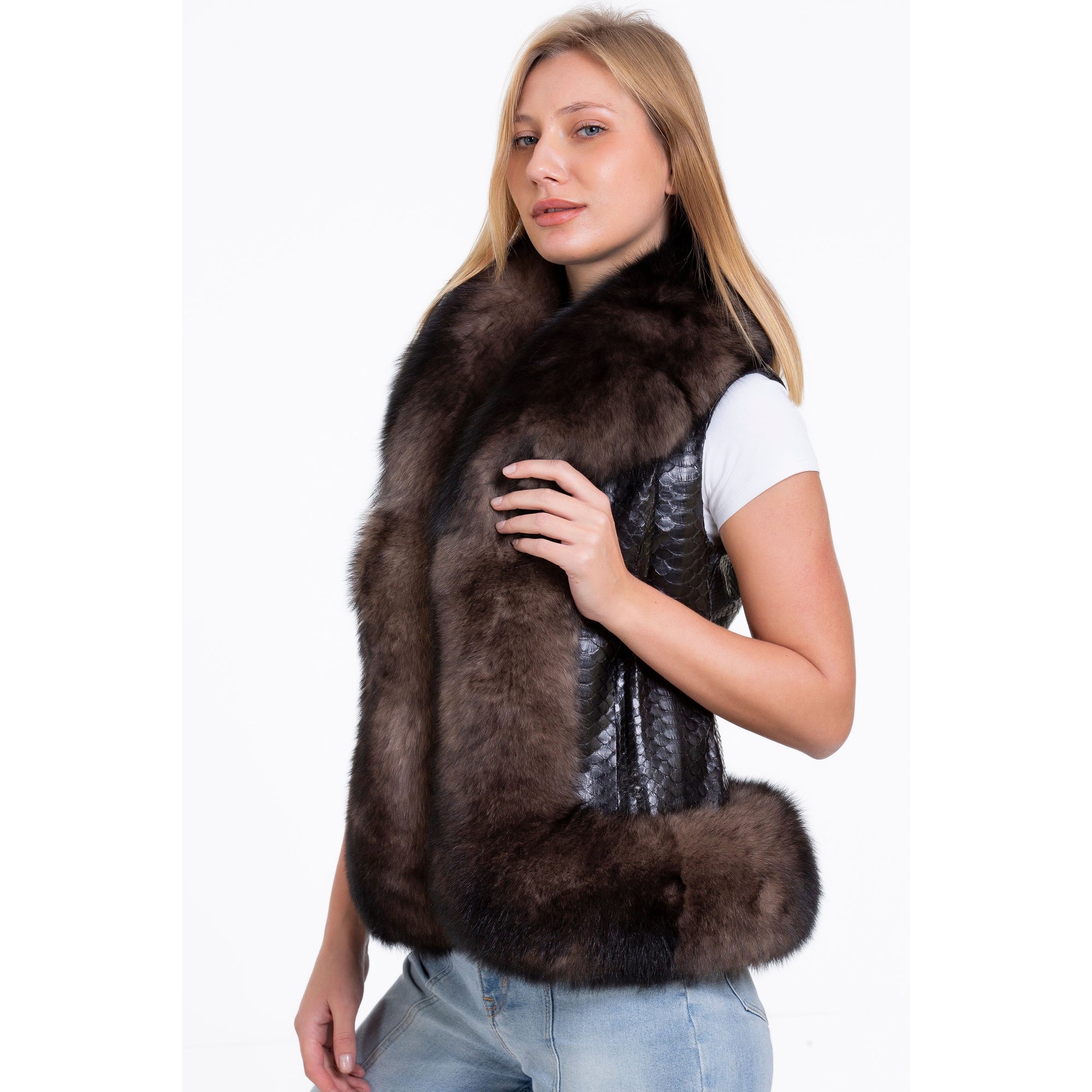 The Fitzroy Pythn Skin Leather Black Pullover Vest with a Pure Fox Fur Women Jacket