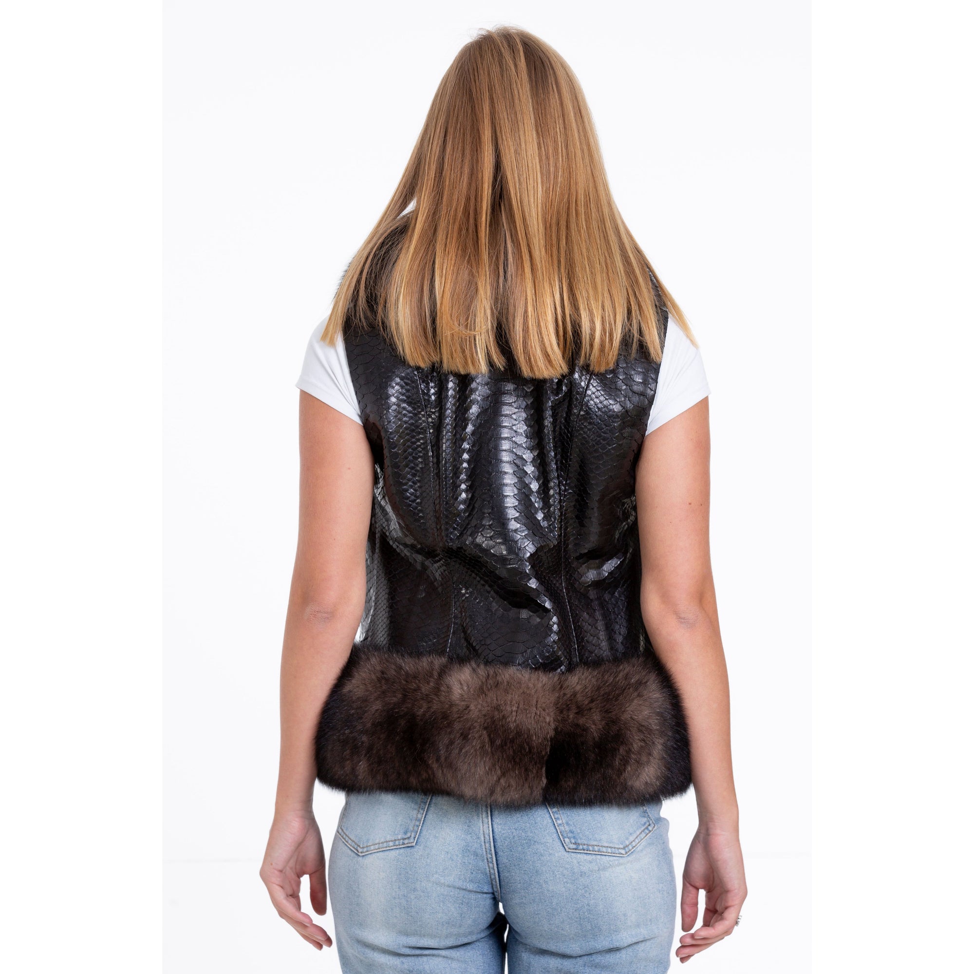 The Fitzroy Pythn Skin Leather Black Pullover Vest with a Pure Fox Fur Women Jacket