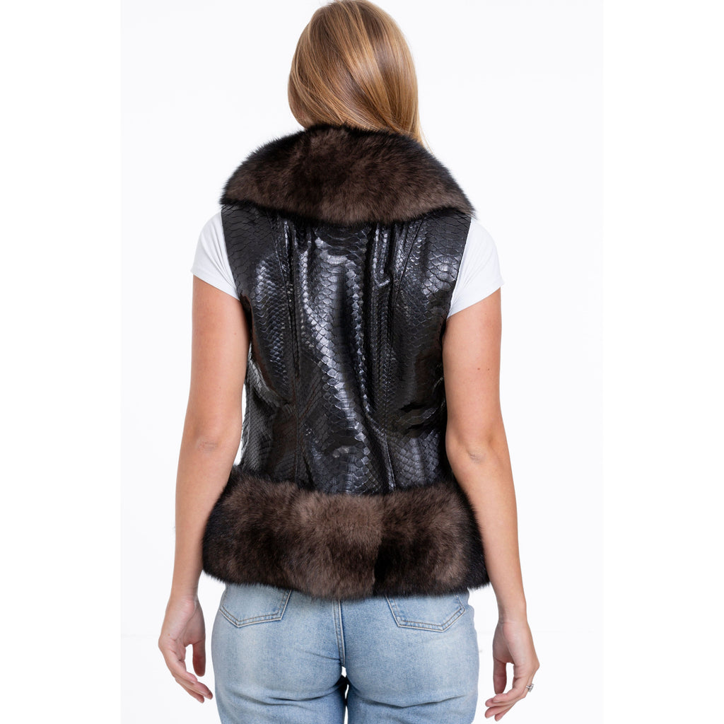 The Fitzroy Pythn Skin Leather Black Pullover Vest with a Pure Fox Fur Women Jacket