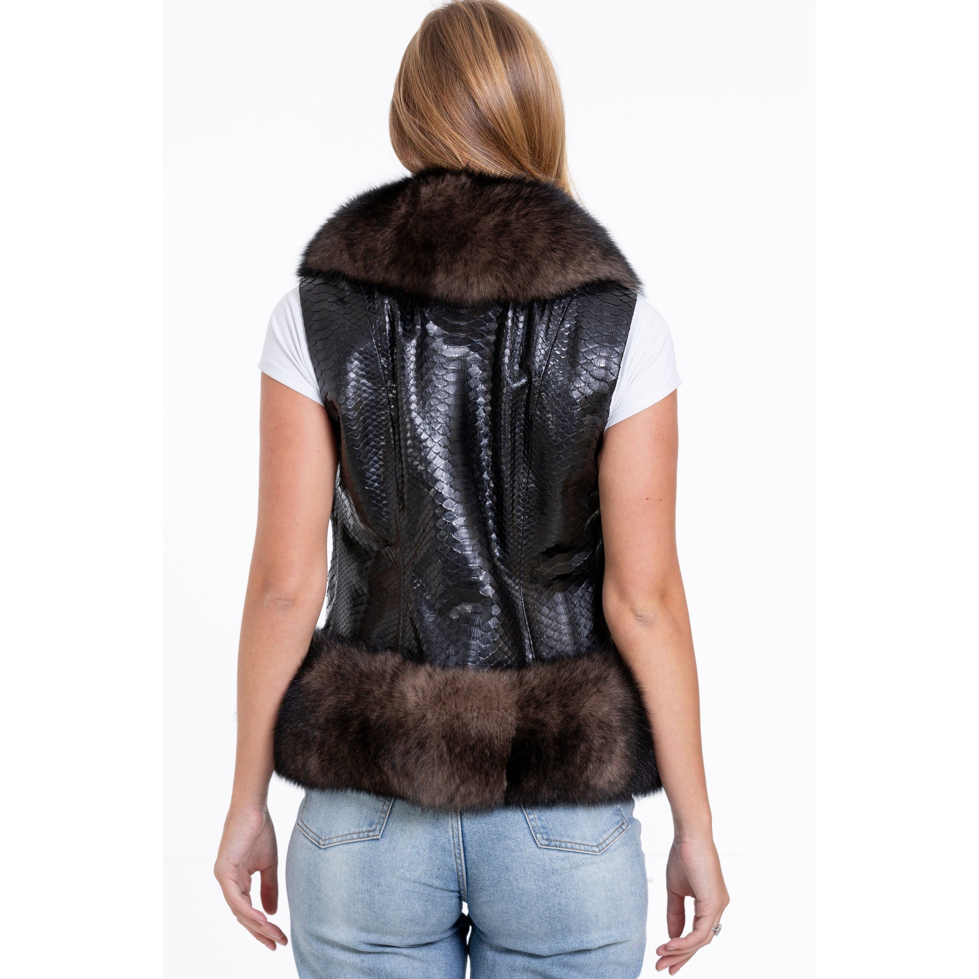 The Fitzroy Pythn Skin Leather Black Pullover Vest with a Pure Fox Fur Women Jacket
