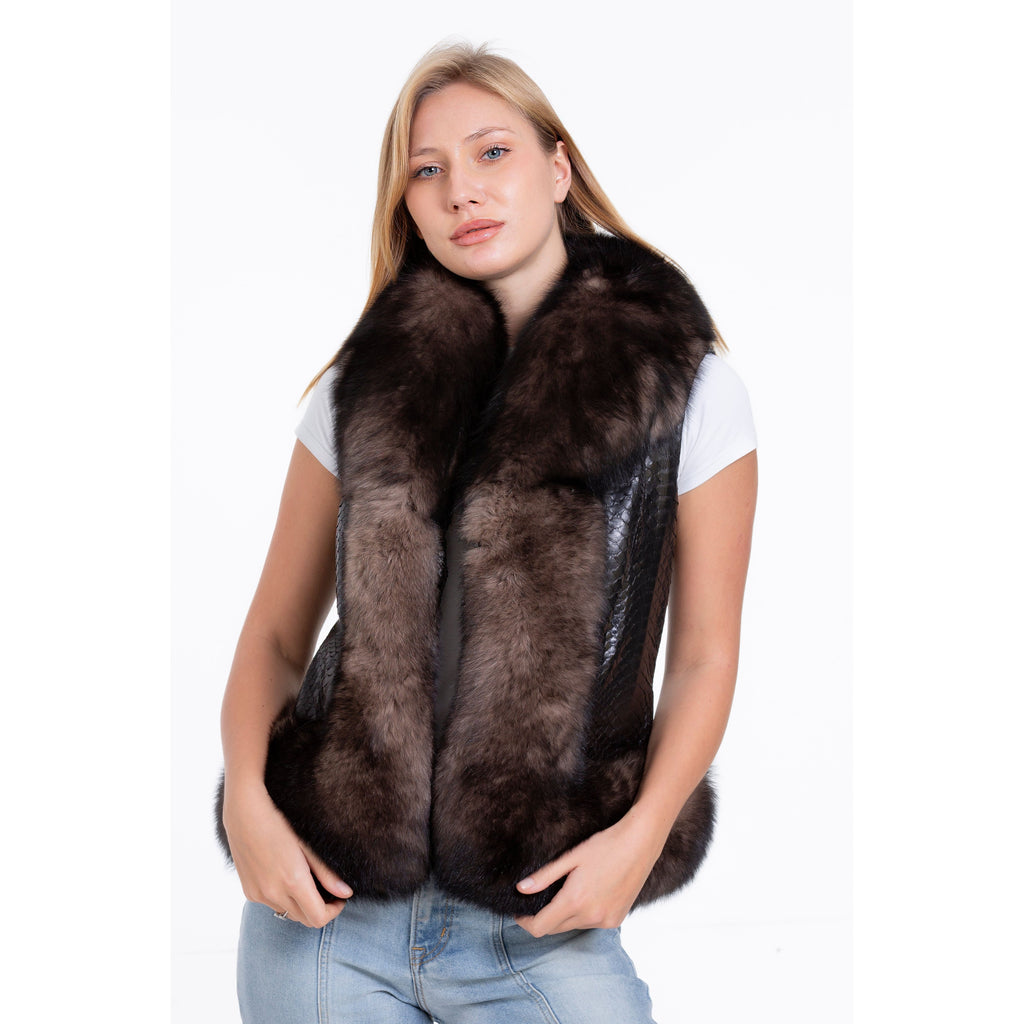 The Fitzroy Pythn Skin Leather Black Pullover Vest with a Pure Fox Fur Women Jacket
