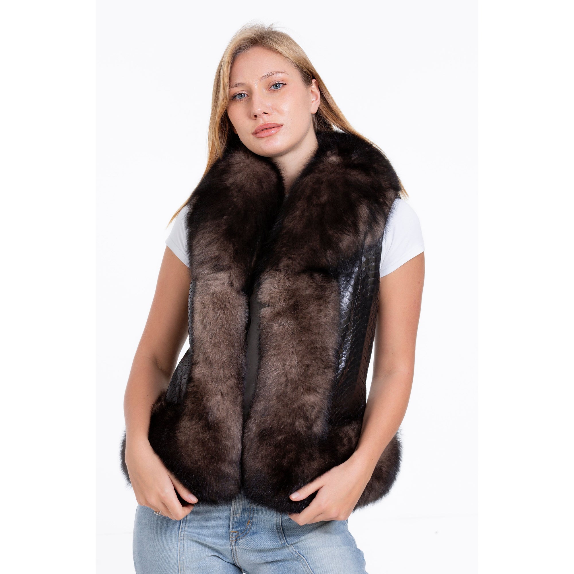 The Fitzroy Pythn Skin Leather Black Pullover Vest with a Pure Fox Fur Women Jacket