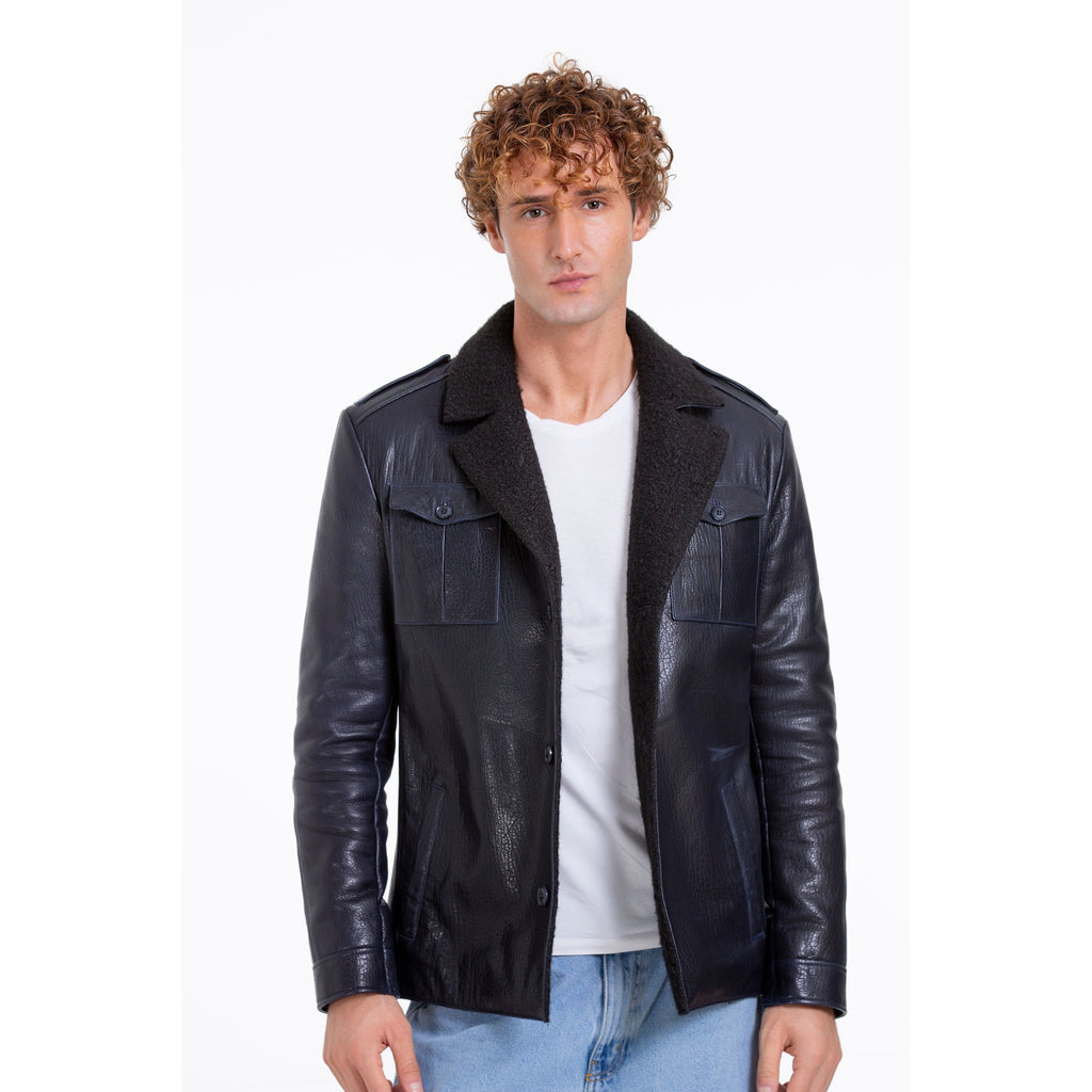 The Ponsonby Navy Blue Leather Shearling Men Jacket
