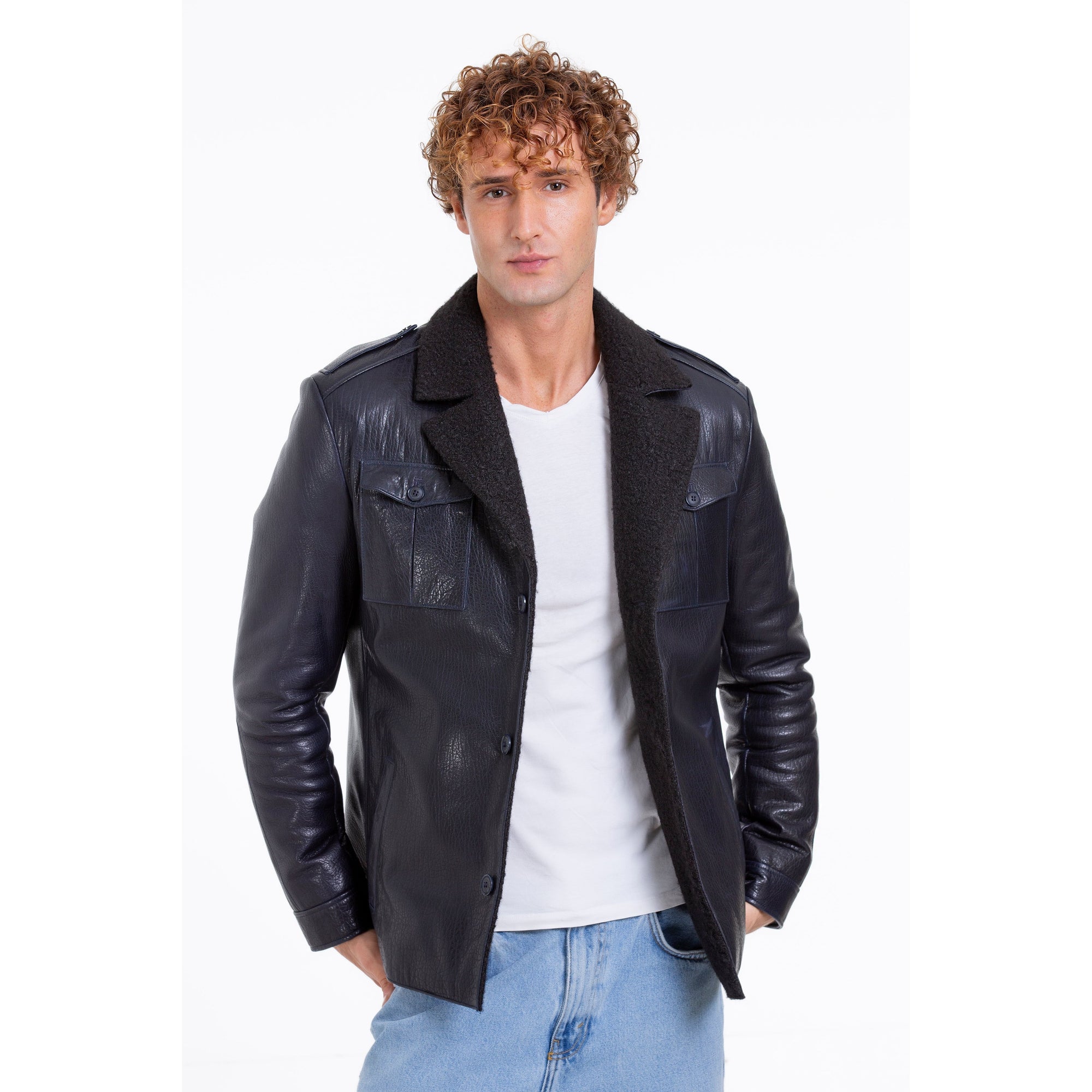 The Ponsonby Navy Blue Leather Shearling Men Jacket