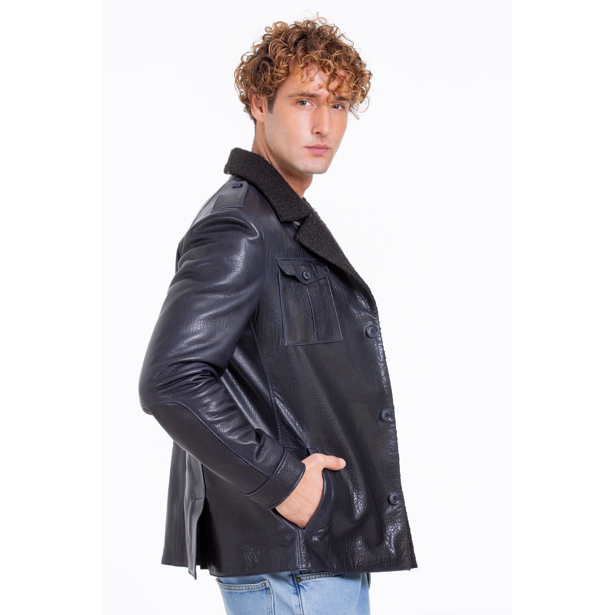 The Ponsonby Navy Blue Leather Shearling Men Jacket
