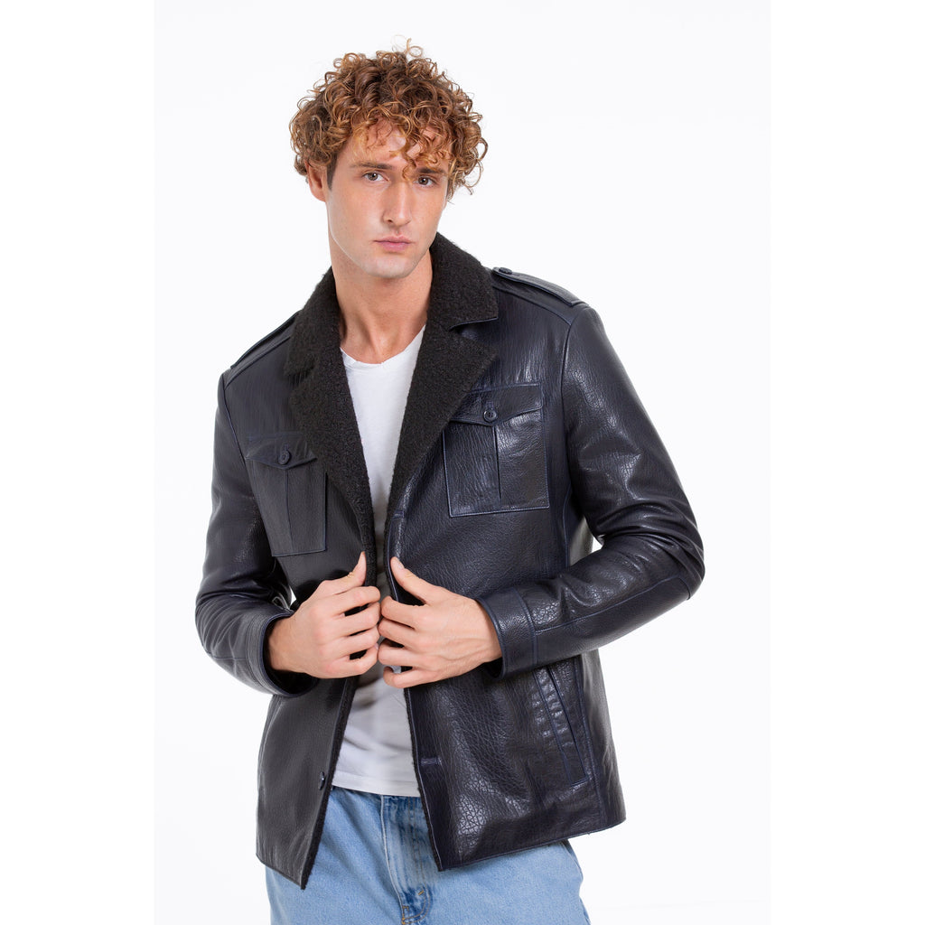 The Ponsonby Navy Blue Leather Shearling Men Jacket