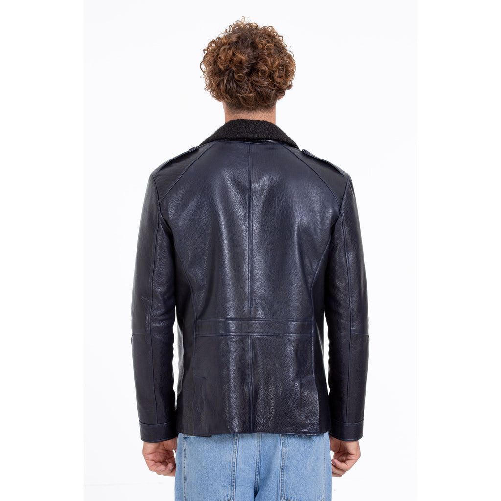 The Ponsonby Navy Blue Leather Shearling Men Jacket