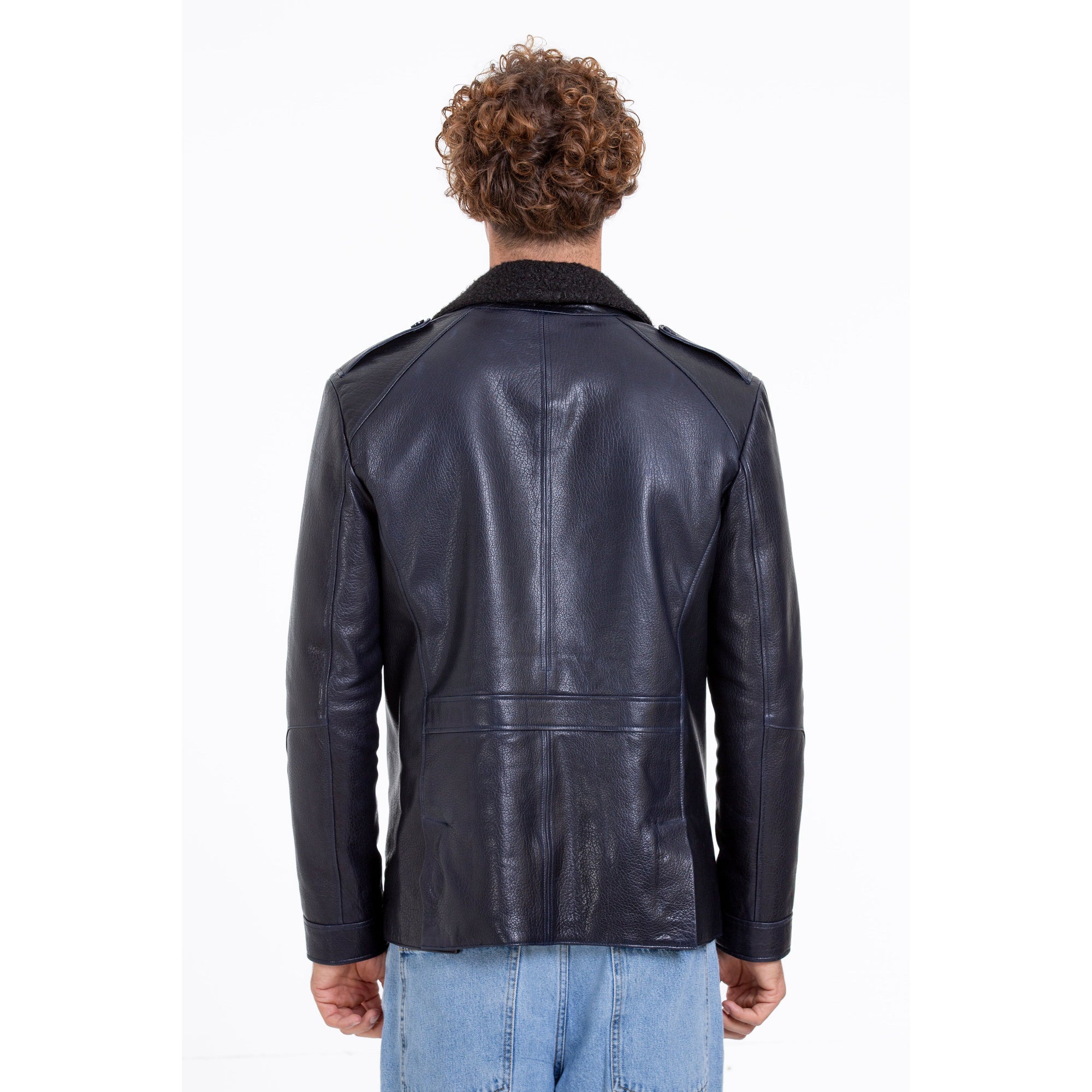 The Ponsonby Navy Blue Leather Shearling Men Jacket