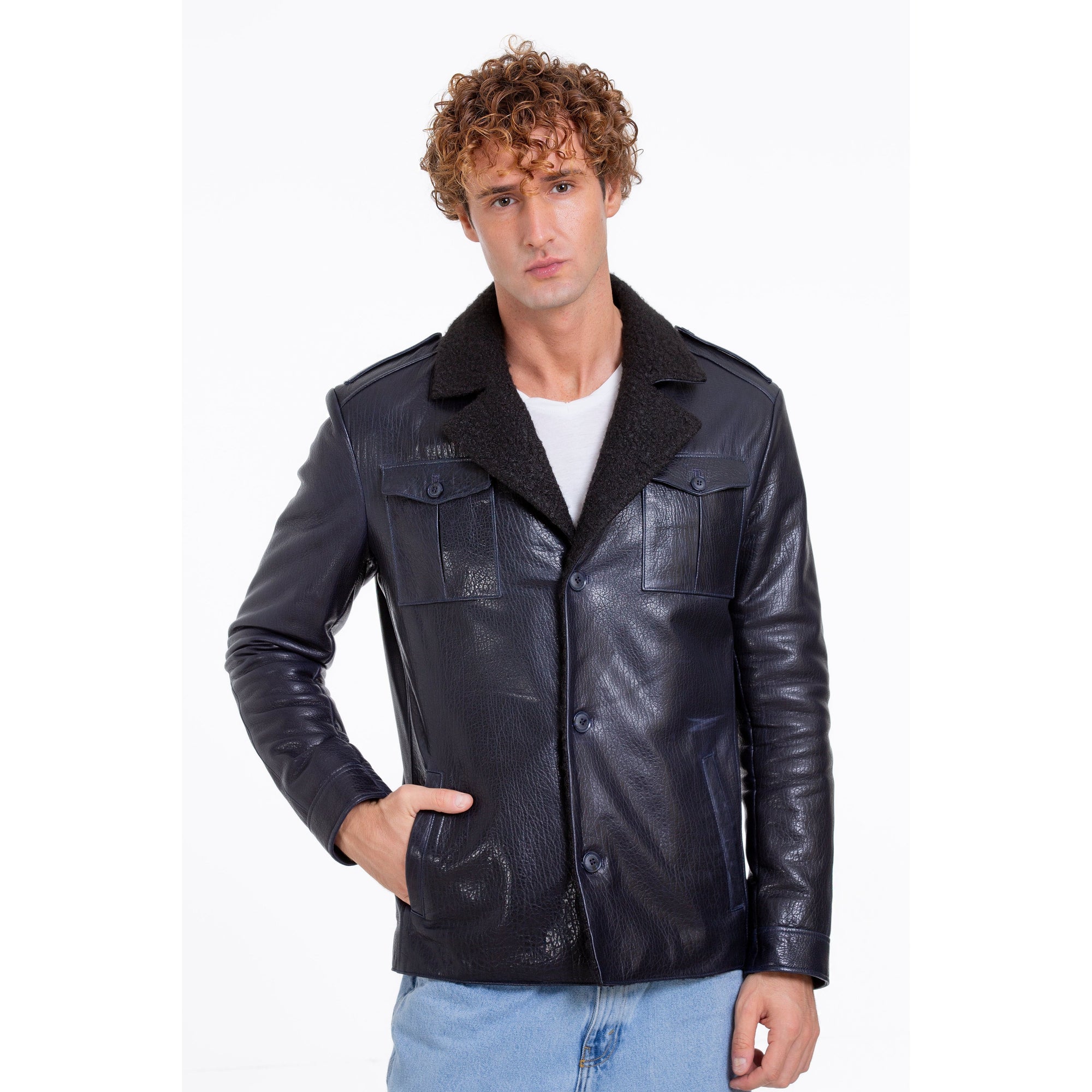 The Ponsonby Navy Blue Leather Shearling Men Jacket