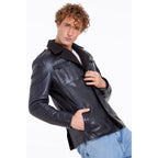 The Ponsonby Navy Blue Leather Shearling Men Jacket
