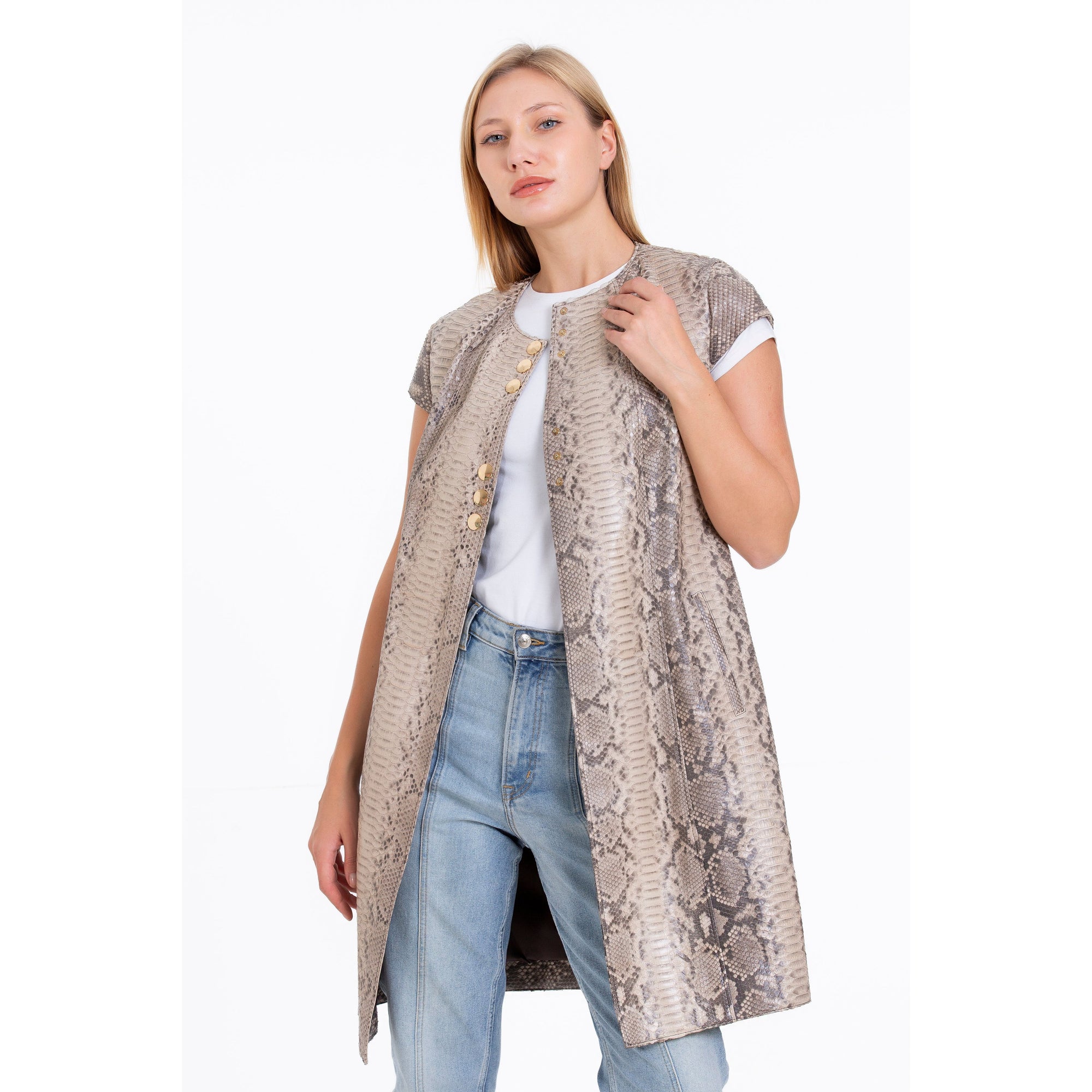 The Principe Pythn Skin Leather Natural Zip-Up Vest Women Jacket