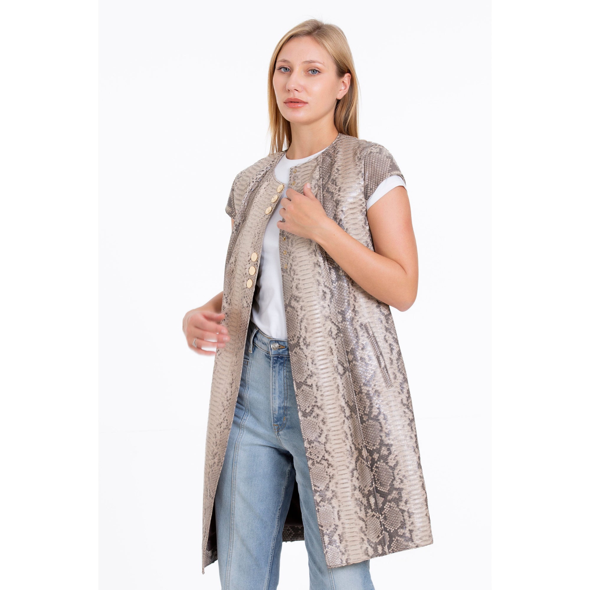 The Principe Pythn Skin Leather Natural Zip-Up Vest Women Jacket