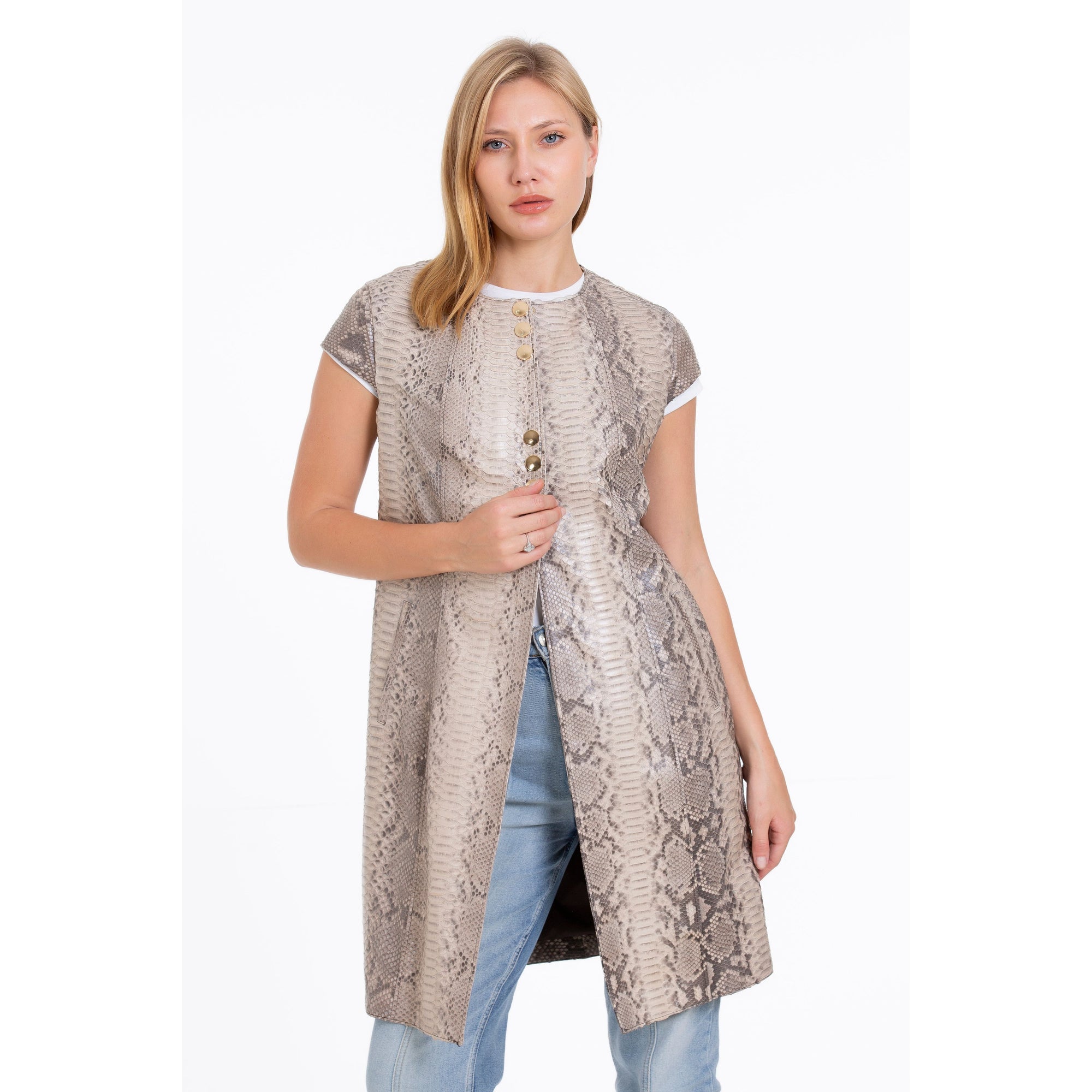 The Principe Pythn Skin Leather Natural Zip-Up Vest Women Jacket